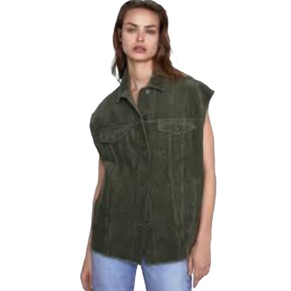 Zara Olive Green Corduroy Oversize Button Up Vest Jacket Unisex Sz M NWT - Picture 2 of 11